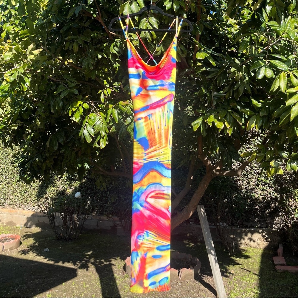 NWT COSEL rainbow multicolor tie‎ dye print draped sleeveless midi dress